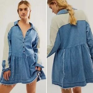 FREE PEOPLE Kenny Denim Mini Dress Tunic Waffle Raw Hem Boho Babydoll Size S